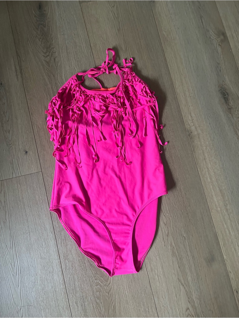 Women’s Hot Pink Fringe Halter One-Piece Swimsuit